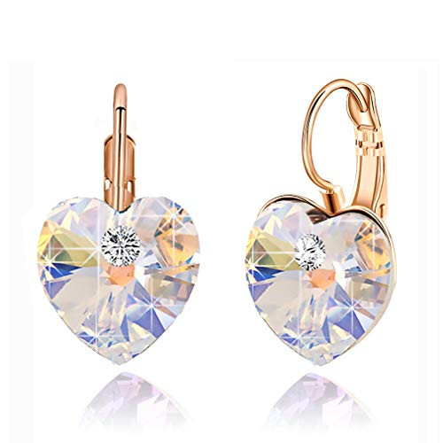 Swarovski Crystal Heart Drop Leverback Earrings for Women 14K Rose Gold Plated Hypoallergenic Jewelry Aurora Borealis