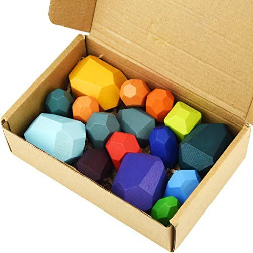 Marrywindix 16 Pieces Colorful Stacking Blocks Set Wooden Stone Natural Balancing Blocks Building Blocks Stacking Game Rock Blocks Educational Puzzle Toy