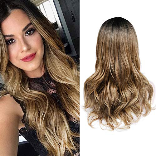 Quantum Love Wigs Ombre Wig Black Brown Blonde Middle Part Long Wavy Wig Heat Resistant Synthetic Daily Party Wig for Women