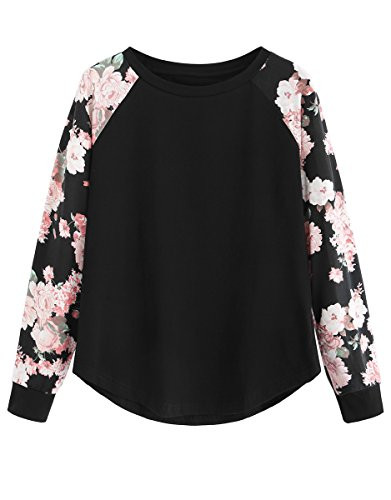 Romwe Women s Floral Print Long Sleeve Crew Neck Loose Casual Blouse Top Tee Black XS
