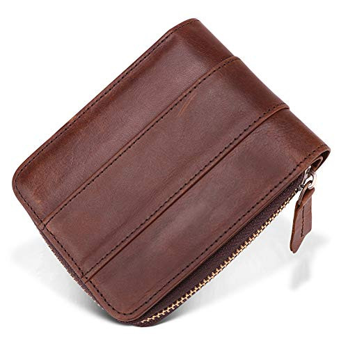 Genuine Leather Wallets for Men RFID Blocking Vintage Bifold Zipper Wallets Credit Card Holder Cases  Coffee