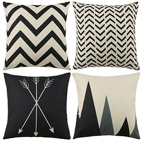 Tosewever Set of 4 Decorative Geometric 18 x 18 Inches Throw Pillow Covers - Modern Pattern Linen Square Pillow Cushion Case for Sofa Couch Bed Home Outdoor Car 18  x 18   Beige-Black
