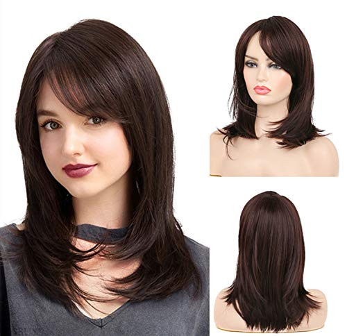 Wiwige Women Layered Dark Brown Wigs Shoulder Length Natural Looking Wig with Bangs Synthetic Heat Resistant Wig for Party and Daily Use