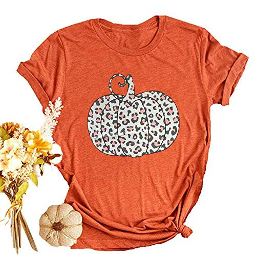 Woffccrd Womens Funny Leopard Pumpkin Printed Shirts Halloween Short Sleeve Graphic Tees Fall T-Shirts Tops L  Orange-1
