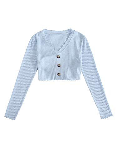 Milumia Women Basic V Neck Crop Tee Lettuce Trim Rib Knit Button Front Shirt Tops Baby Blue Medium
