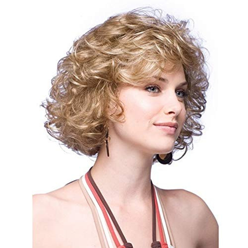 GNIMEGIL Women Fashion Short Curly Waves Hair Wig for Daily Wear Natural Blonde Color Wigs with Inclined Bangs Female Short Synthetic Wig Wig head circumference size is 20-24inches