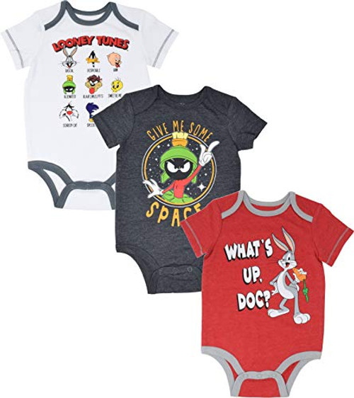 Warner Bros- Looney Tunes Baby Boys 3 Pack Bodysuits  Bugs Taz Marvin 6-9 Months