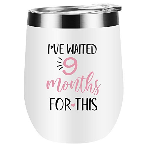 Waited 9 Months Wine Tumbler Glass with Sliding Lid New Mom Push Gifts Novelty Stemless Glass Gifts for Expecting Girl Mom Pregnant Women Birthday Expectant Mothers Newborns White
