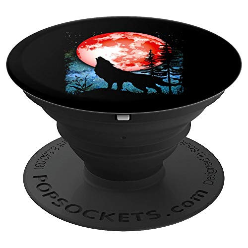 Wolf Howling Red Blood Moon Galaxy Star Night Lunar Eclipse PopSockets Grip and Stand for Phones and Tablets