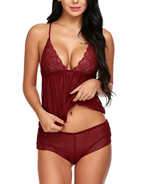 Avidlove Women Lingerie Lace Pajamas Set 2 Piece Babydoll Set Cami Shorts Nightwear Dark Red Avidlove Women Lingerie Lace Pajamas Set 2 Piece Babydoll Set Cami Shorts Nightwear Dark Red