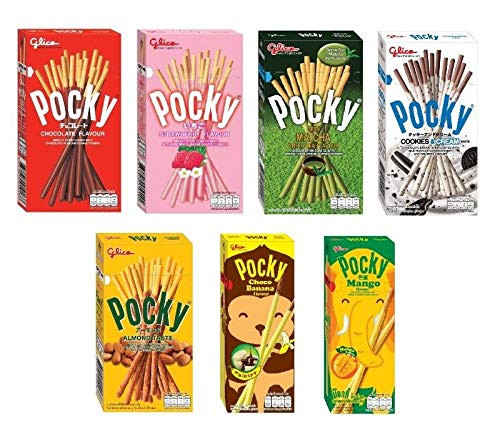 Glico Pocky Biscuit Stick 7 Flavor Variety Pack Pack of 7 Pocky Chocolate  Strawberry  Matcha Green Tea  Cookies   Cream   Almond   Mango and Choco Banana