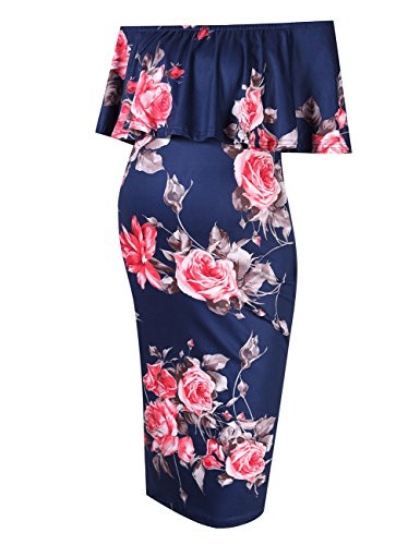 Coolmee Women s Maternity Dress Off Shoulder Casual Maxi Dress M Navy Flowers
