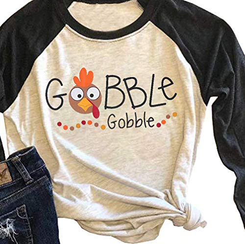 KIDDAD Gobble Gobble Baseball T-Shirt Women Thanksgiving Turkey Print 3-4 Sleeve Raglan Tops Tees XXL  Dark Gray