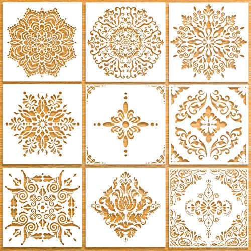12x12 Inch Large Reusable Stencil Mandala Stencil Laser Cut Painting Template for Floor Wall Tile Fabric Furniture Stencils Painting Art Projects  9 Pack