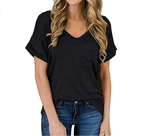 XJSGS Womens Short Sleeve Top V-Neck Shirt Knits Tee White Cotton T-Shirt Blouses Black L
