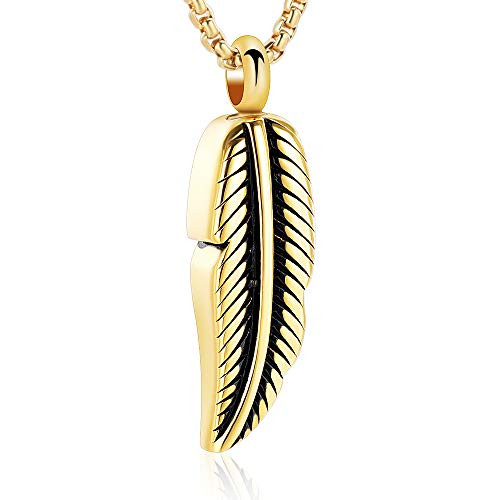 Oinsi Stainless Steel Feather Urn Necklace Hold Cremation Ashes Keepsake Memorial Jewelry BoxFill Kits Gold