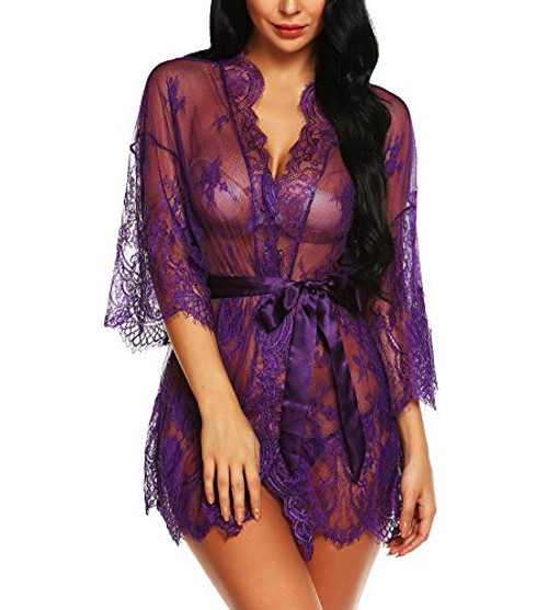 RSLOVE Women s Lace Kimono Robe Babydoll Lingerie Mesh Nightgown Sleepwear Purple M RSLOVE Women s Lace Kimono Robe Babydoll Lingerie Mesh Nightgown Sleepwear Purple M