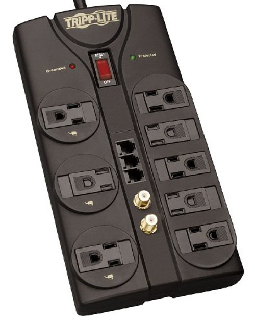 Tripp Lite 8 Outlet Surge Protector Power Strip, 8ft Cord, Right-Angle Plug, Tel/Fax/Modem/Coax Protection, RJ11, & $150,000 INSURANCE (TLP808TELTV)