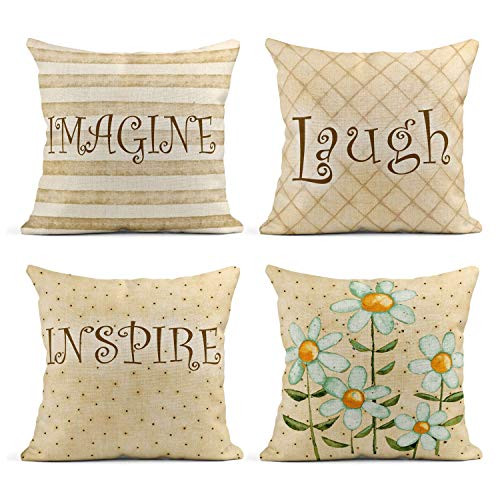 Tarolo Set of 4 Linen Throw Pillow Cover Case Spring Imagine Laugh Inspire Flower Inspirational Decorative Pillow Cases Covers Home Decor Square 16 x 16 Inches Pillowcases