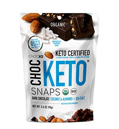 ChocKETO Dark Chocolate Coconut Snaps with Almonds and Sea Salt   Keto Certified  USDA Organic  Certified Gluten Free and Kosher   Sustainably Sourced 85  Cacao  98 g 1 Bag