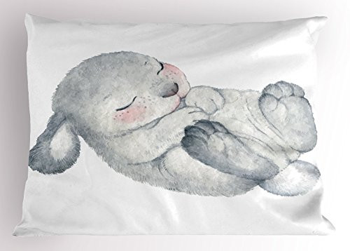 Lunarable Rabbit Pillow Sham  Watercolor Sketch of Sleeping Single White Healthy Looking Easter Bunny  Decorative Standard King Size Printed Pillowcase  36  X 20   Green Rose