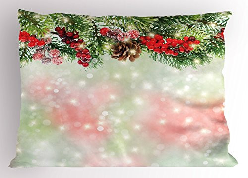 Ambesonne Christmas Pillow Sham  Evergreen Fir Branches Red Ripe Holly Berries Blurred Backdrop Garland  Decorative Standard King Size Printed Pillowcase  36  X 20   Green Brown