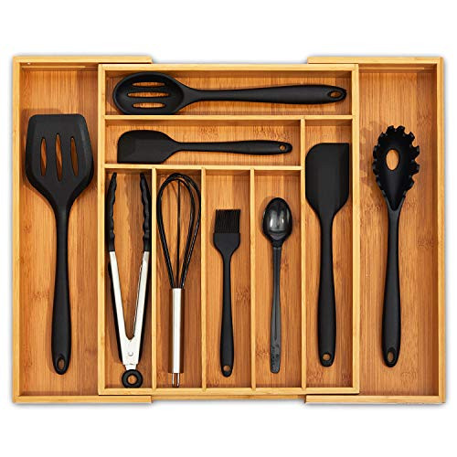 Ohwin Bamboo Kitchen Drawer Organizer - Expandable Silverware Organizer-Utensil Holder and Cutlery Tray with Grooved Drawer Dividers for Flatware and Kitchen Utensils 9 Slots