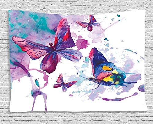 Ambesonne Purple Tapestry Butterflies Decorations, Watercolor Effect Illustration of Butterfly Art Modern Home Decor, Bedroom Living Room Dorm Wall Hanging, 80 X 60 Inches, White Purple Blue