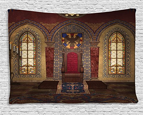 Ambesonne Dark Tapestry Gothic House Decor, Red Medieval Throne in Chapel Eagle Portrait on Wall Ancient Fantasy Building Print, Wall Hanging for Bedroom Living Room Dorm, 80 W X 60 L, Brown Ruby