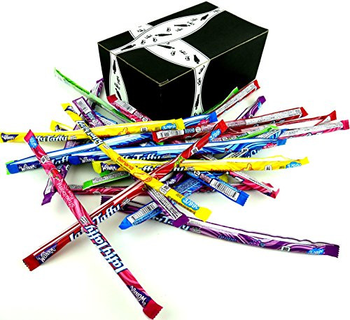 Wonka Laffy Taffy Ropes 6-Flavor Variety  Four 0-81 oz Packages Each of Strawberry  Banana  Cherry  Grape  Sour Apple  and Wild Blue Raspberry in a BlackTie Box 24 Items Total