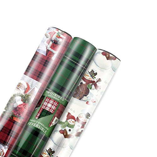 Hallmark Reversible Christmas Wrapping Paper Bundle, Plaid (Pack of 3, 120 sq. ft. ttl.)