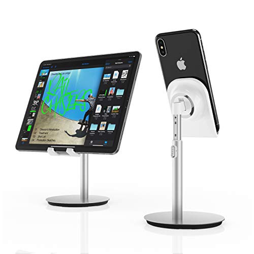 Cell Phone Stand  Tablet Holder  SAIJI Height Adjustable Aluminum Mount Dock  Compatible with iPhone Samsung Cell Phone  Tablet  iPad  Nintendo Switch  Kindle  Up to 10 Inch Screen Sliver 