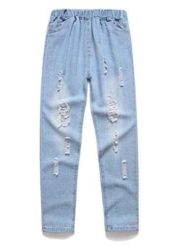Girls Classic Pull-on Kids Denim Stretch Jeggings Leggings Jeans Capri Pants 150 Washed Blue Ripped