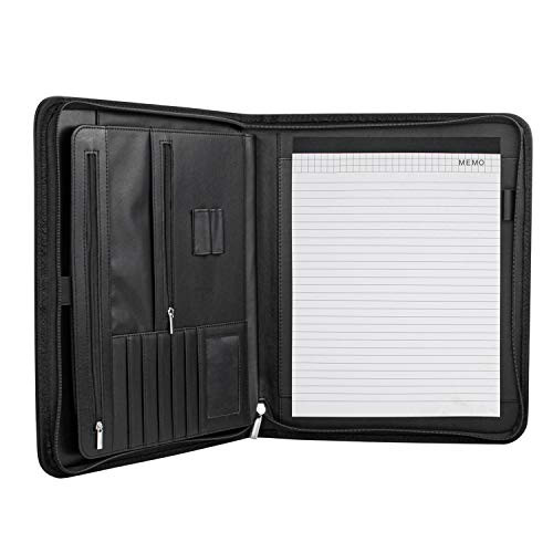 Fasmov Black Business Portfolio with Zipper  Padfolio with Legal Pad  Professional Business Portfolio for Men   Woman  Card Holder  Notepad Clipboard Holder