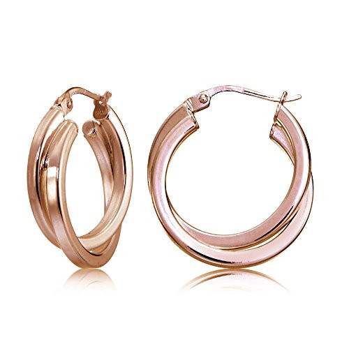 Rose Gold Flash Sterling Silver Square-Tube Double Twisted 20mm Round Hoop Earrings