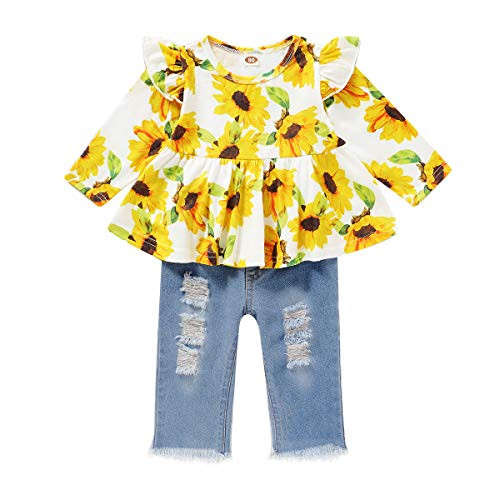 Infant Kids Girls Outfits Clothes Sunflower Floral Ruffled Long Sleeve Tops with Toddler Kid Girls Ripped Jeans Outfits Denim Pants Set 4-5T Infant Kids Girls Outfits Clothes Sunflower Floral Ruffled Long Sleeve Tops with Toddler Kid Girls Ripped Jeans Outfits Denim Pants Set 4-5T