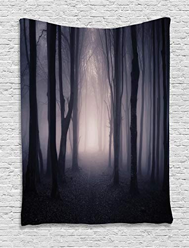 Ambesonne Dark Tapestry Farm House Decor, Path Through Dark Deep in Forest with Fog Halloween Creepy Twisted Branches Picture, Bedroom Living Room Dorm Wall Hanging Tapestry, Pink Brown