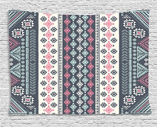 Ambesonne Tribal Decor Tapestry by, Tribal Mexican Vintage Ethnic Pattern Handmade Design Illustration Print, Wall Hanging for Bedroom Living Room Dorm, 80WX60L Inches, Pink and Grey