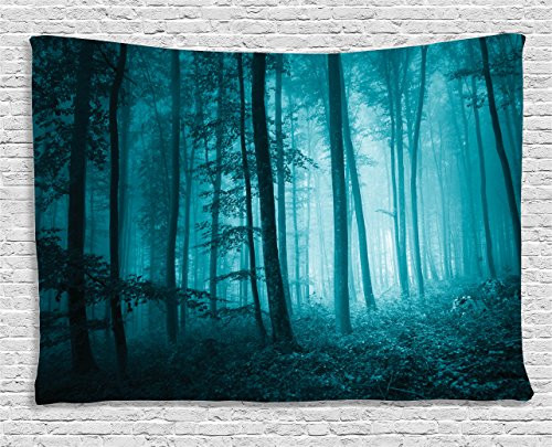 Ambesonne Mystic House Decor Tapestry, Magic Foggy Dark Forest Foliage Landscape Countryside Monochromic Artwork, Wall Hanging for Bedroom Living Room Dorm, 80 W X 60 L, Teal Slate Blue and Grey Ambesonne Mystic House Decor Tapestry, Magic Foggy Dark Forest Foliage Landscape Countryside Monochromic Artwork, Wall Hanging for Bedroom Living Room Dorm, 80 W X 60 L, Teal Slate Blue and Grey