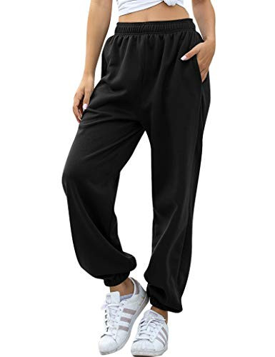 HeSaYep Women s High Waisted Sweatpants Workout Active Joggers Pants Baggy Lounge Bottoms Black L