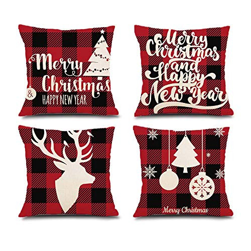 SuperMake Christmas Pillow Covers 18x18 inch Set of 4 Black Red Buffalo Check Reindeer Christmas Trees Farmhouse Decorative Throw Pillow Cover Christmas Decor Decorations Cushion Pillow Case for Home