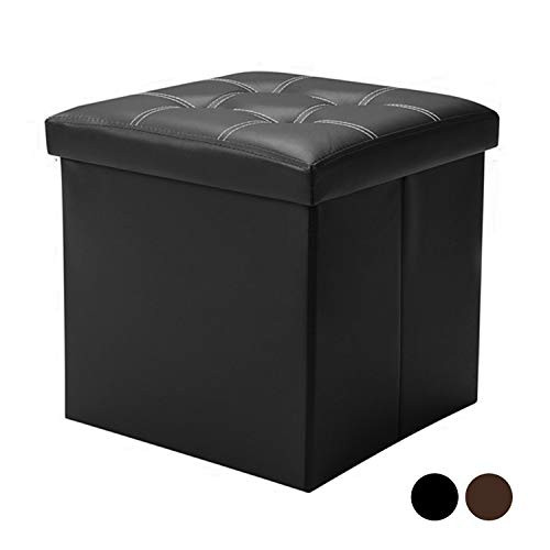 Berry Ave Storage Ottoman  Square Folding Storage Ottoman  Padded Faux Leather Storage Stool with Lid  Comfortable Ottoman Foot Rest Stool  Measures 15 x 15 x 15 inches  Black