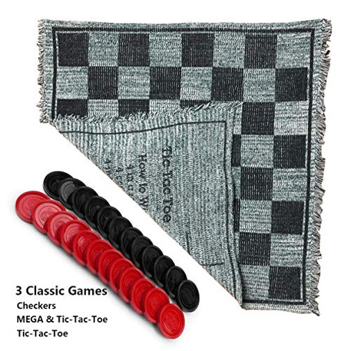 Giant Checkers  3-in-1 Jumbo Checkers and Super Tic Tac Toe Set with Reversible Rug  Indoor-Outdoor Jumbo Board Games