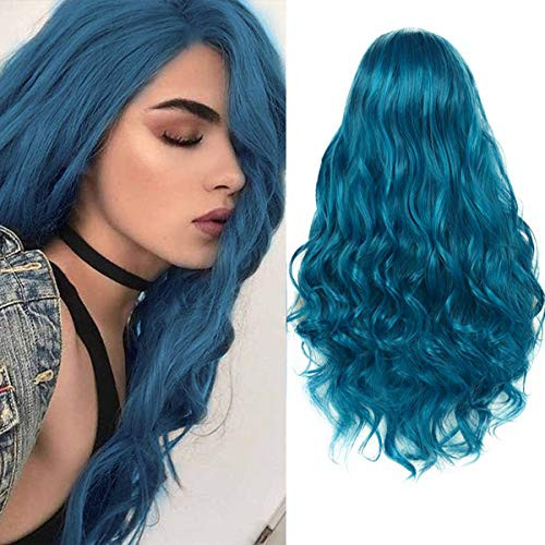 Wiwige Long Curly Wavy Blue Wig Middle Part Natural Looking Synthetic Halloween Cosplay Costume Wigs for Women Girls