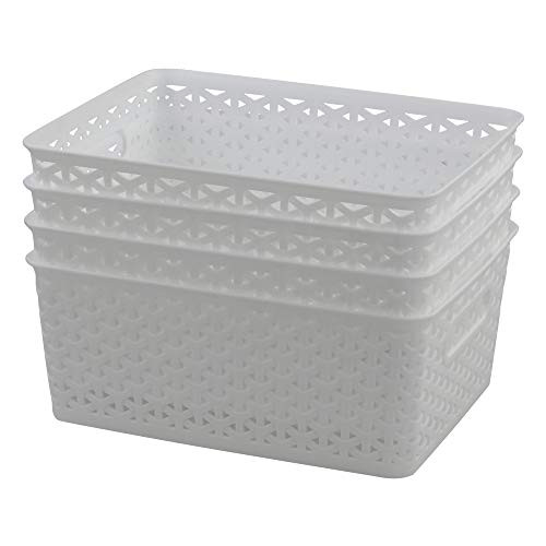 Hespapa White Plastic Basket  Weave Storage Baskets with Handles  4 Packs