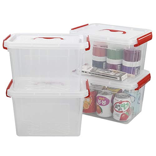 Hespapa 6 Quart Storage Bin  Plastic Latching Box-Container with Clear Lid  Red Handle and Latches  4 Packs