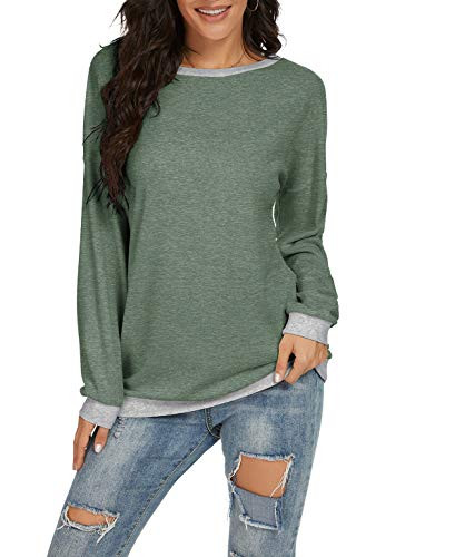 JINKESI Women s Casual Long Sleeve Color Block Round Neck Loose Fit Blouses T Shirts Sweatshirts Pullover Tops Shirts VG-Green-Medium