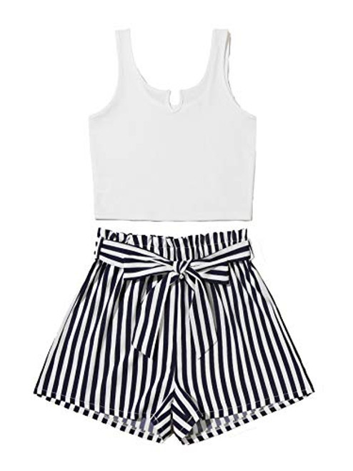 MakeMeChic Women s Solid Rib Tank Top   Striped Print Paperbag Waist Shorts 2 Piece Set Multi-14 L