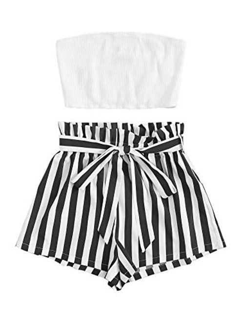 MakeMeChic Women Ribbed Tube Crop Top   Striped Paperbag Waist Shorts 2 Piece Romper Set Multi-7 S