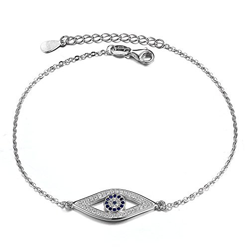 Kaletine Blue Evil Eye Bracelets Sterling Silver 925 Cubic Zirconia Cable Chain 6-5 1  Extender Rhodium